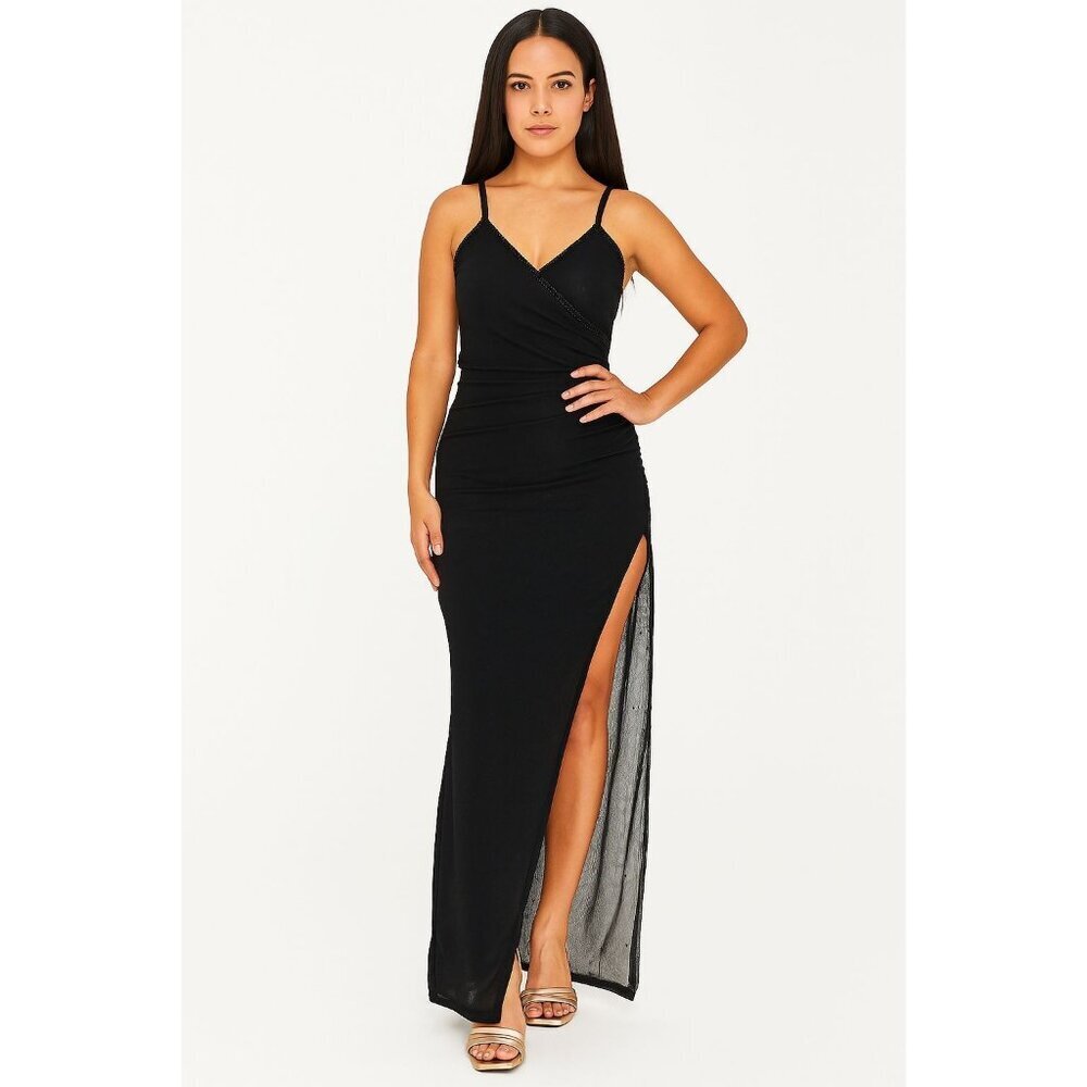 Tower USA Black Ruched Maxi Dress High Slit Sparkle Sheer Gown Women’s S